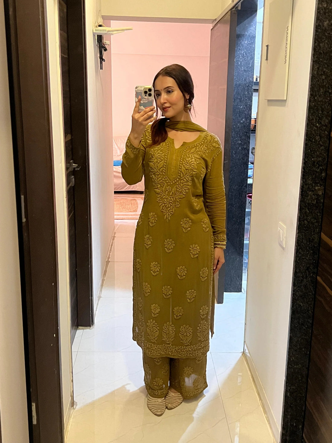 Mocha Blossom Viscose Georgette Straight Chikankari Kurta Set