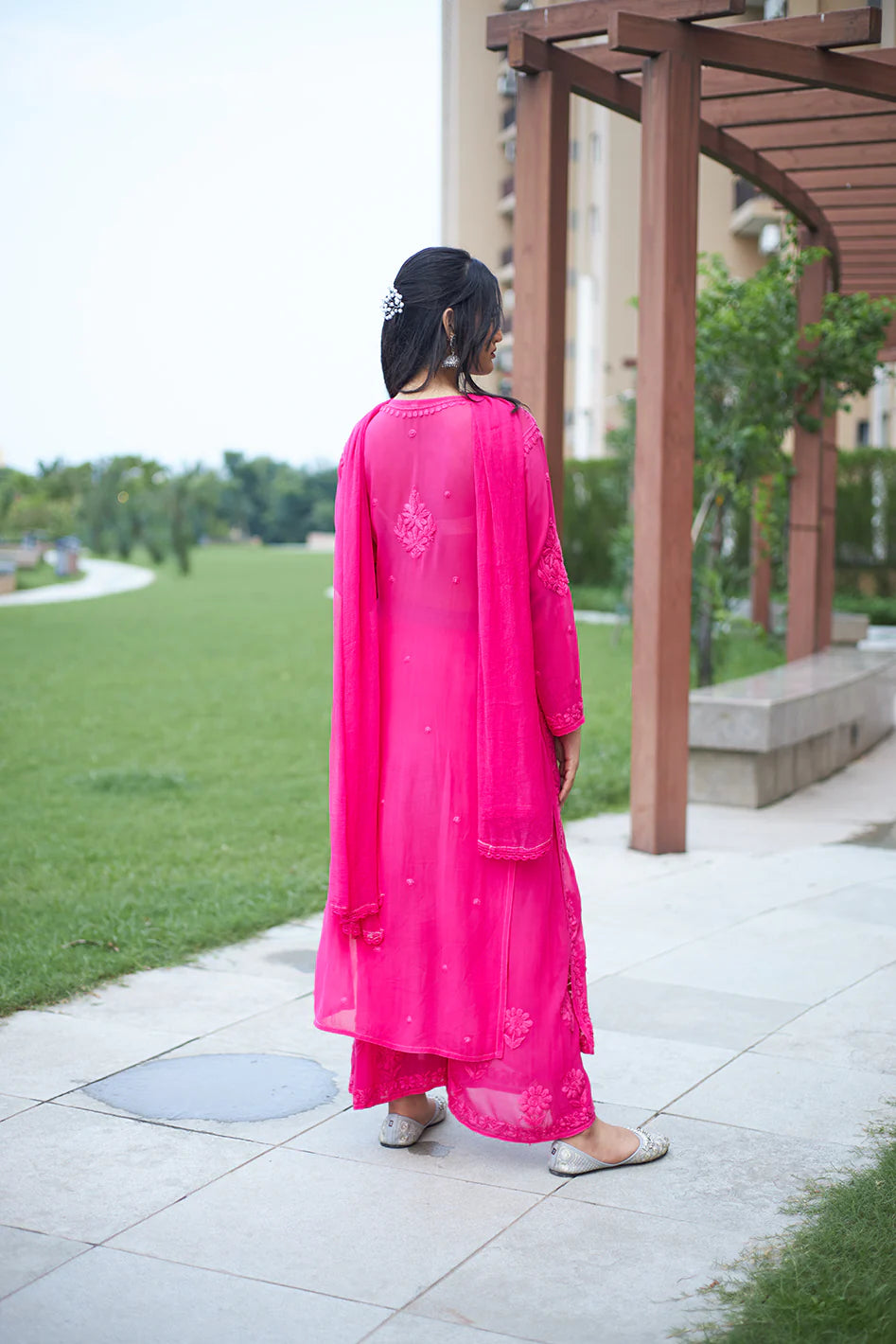 Mocha Blossom Viscose Georgette Straight Chikankari Kurta Set