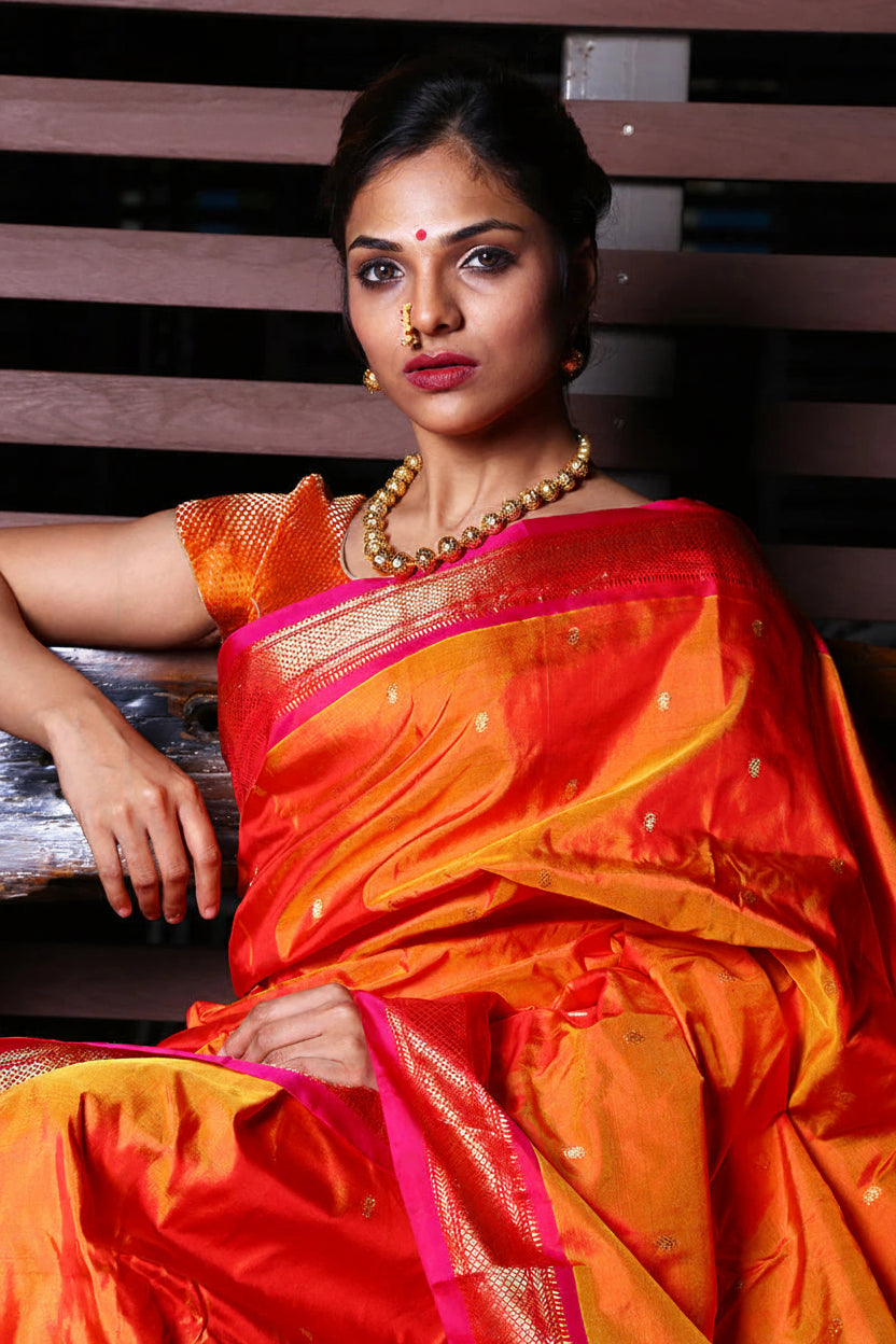 Paithani Weave with Peach and Gold Border with Double Pallu