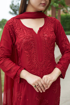 Mocha Blossom Viscose Georgette Straight Chikankari Kurta Set
