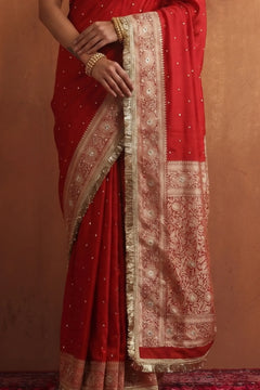 Ruby Royale Banarasi Tissue Mirror Work Border Saree with Blouse