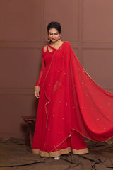 Chanderi Red Petal Neck Anarkali with Dupatta