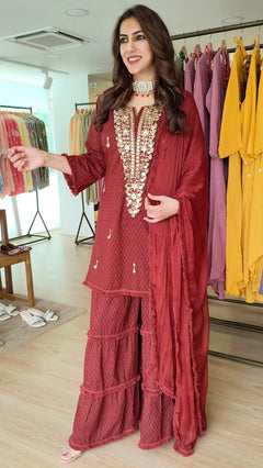 Ethnic Embroidered Maroon Long Yoke Sharara Set