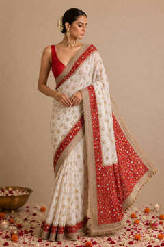 white & Red Saree with Mirror work