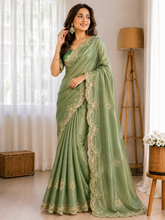 Sage Green Moss Chiffon Embroidered Saree