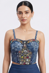 Blue Denim Mirror Work Embroidered Corset Blouse