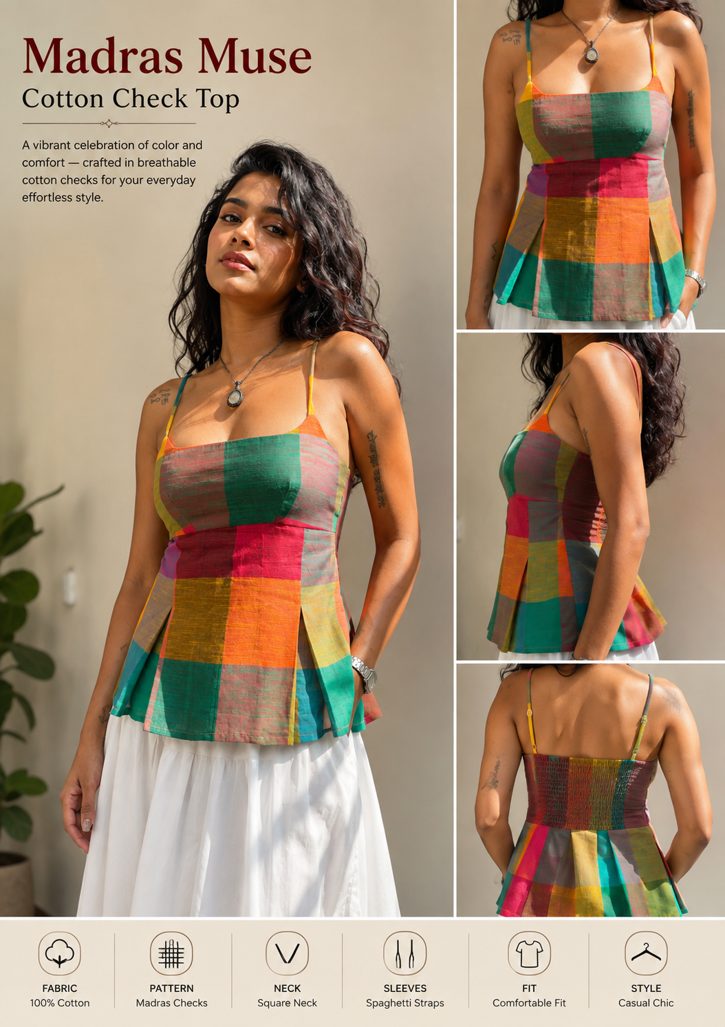 Madras Muse Cotton Check Top