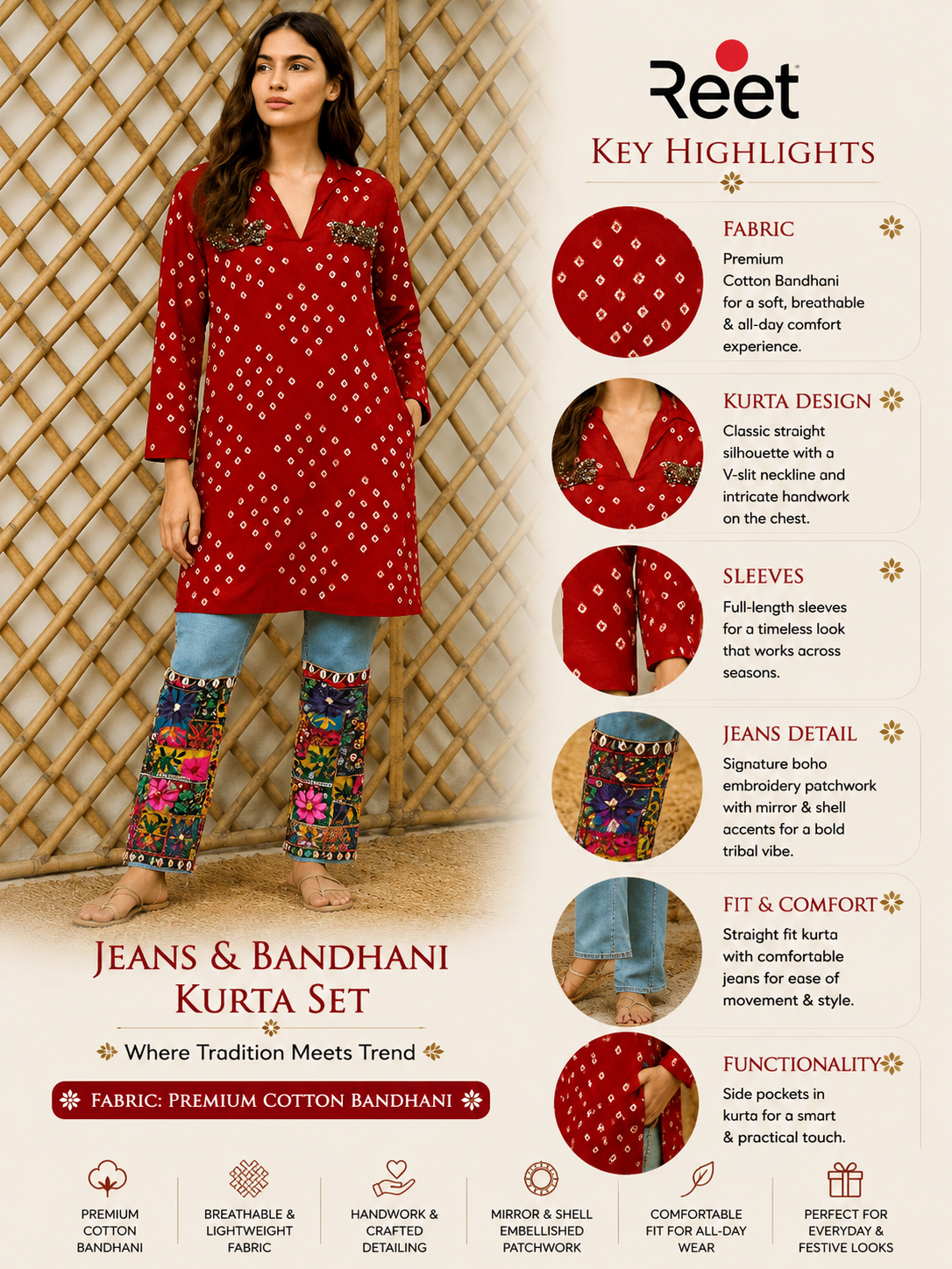 Bandhani Kurta with Jeans Fusion Set