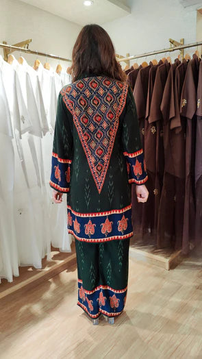 Red Ethnic V-Neck Co-ord Set with Paisley Border Detailing