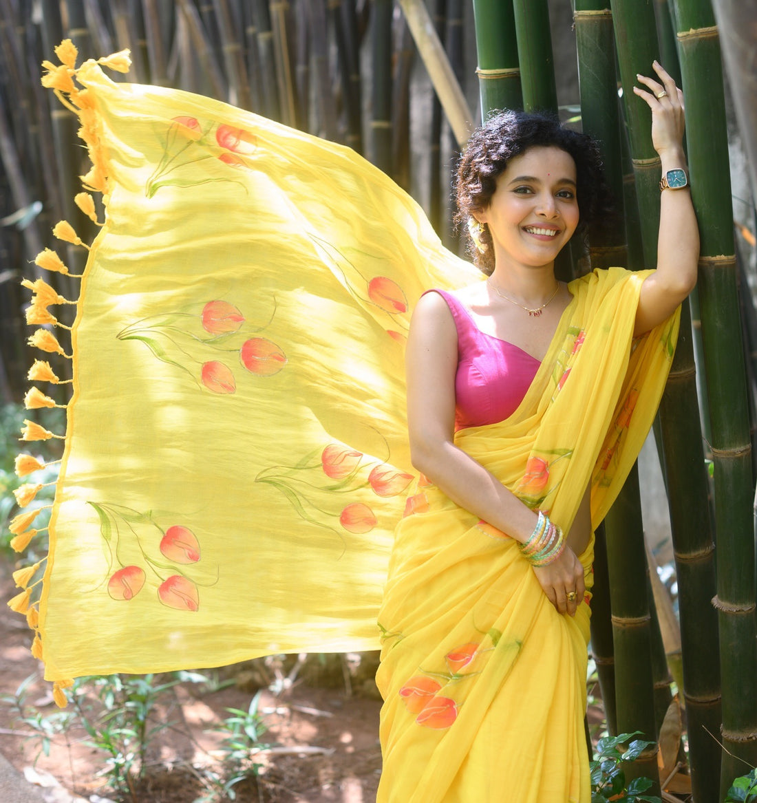 Sunshine Yellow Hand-Painted Tulip Mul Cotton Saree