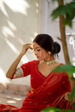 Red Handloom Cotton Woven Motifs Saree With Blouse
