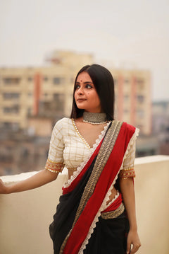 Black and Red Designer Embroidered Border Saree With Blouse