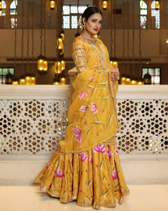 Hand-Painted Floral Satin Lehenga Set