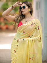 Yellow Mulmul Hand-Embroidered Saree