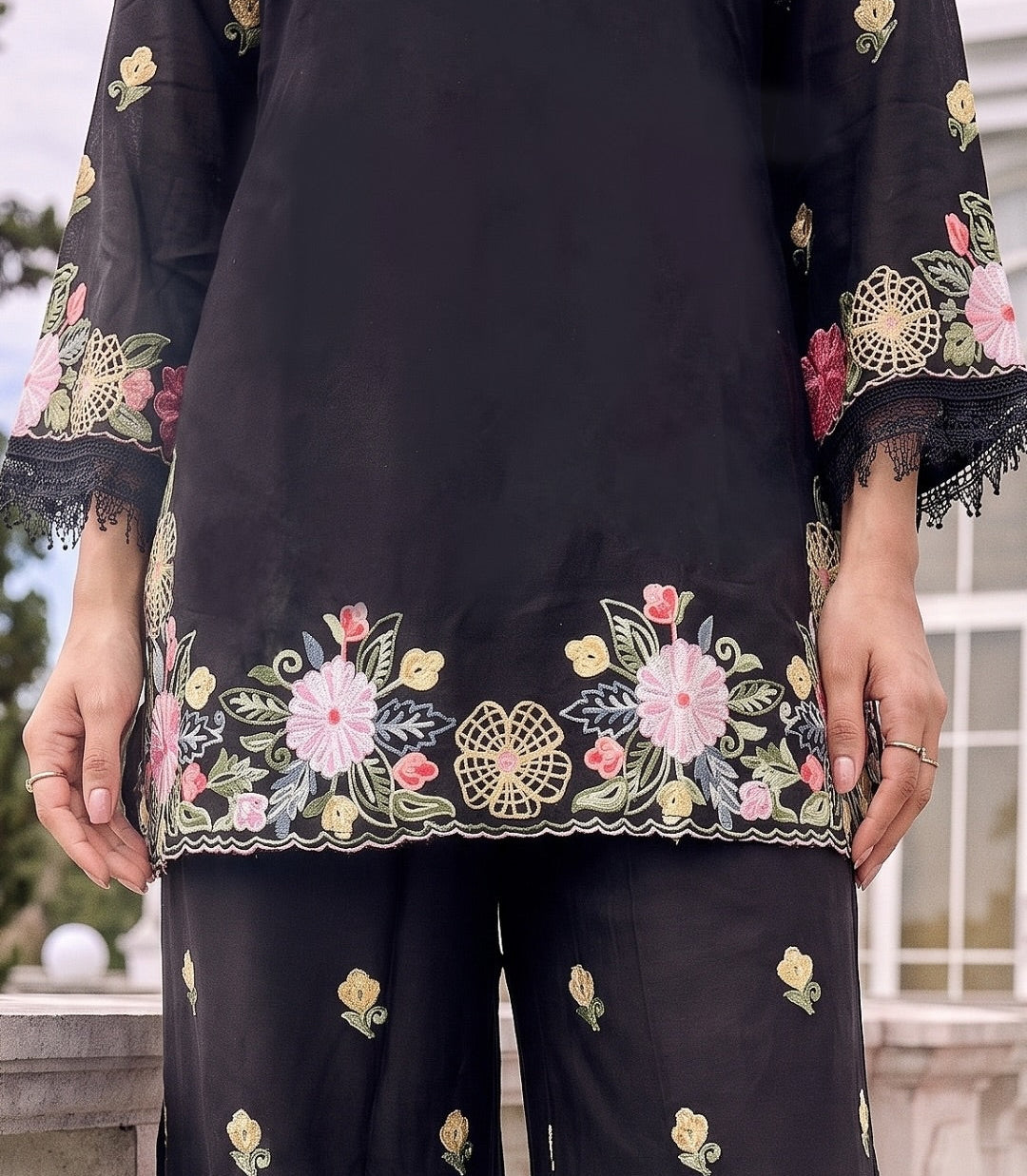 Moodnight Bloom Embroidered Palazzo Cord Set