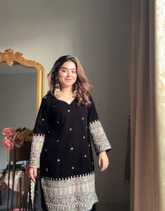 Black velvet heavy embroidered sharara set