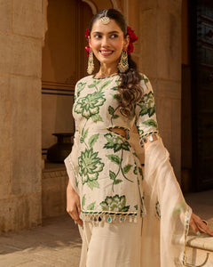 Opal Grey Printed Chanderi Suit Set- By Reet Lifestyle