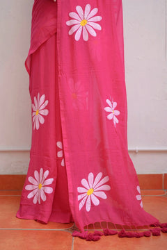 Hot Pink Handpainted Mulmul Cotton Saree- By Reet Lifestyle