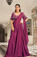 Orange Silk Crepe Pre-Draped Sequin Saree