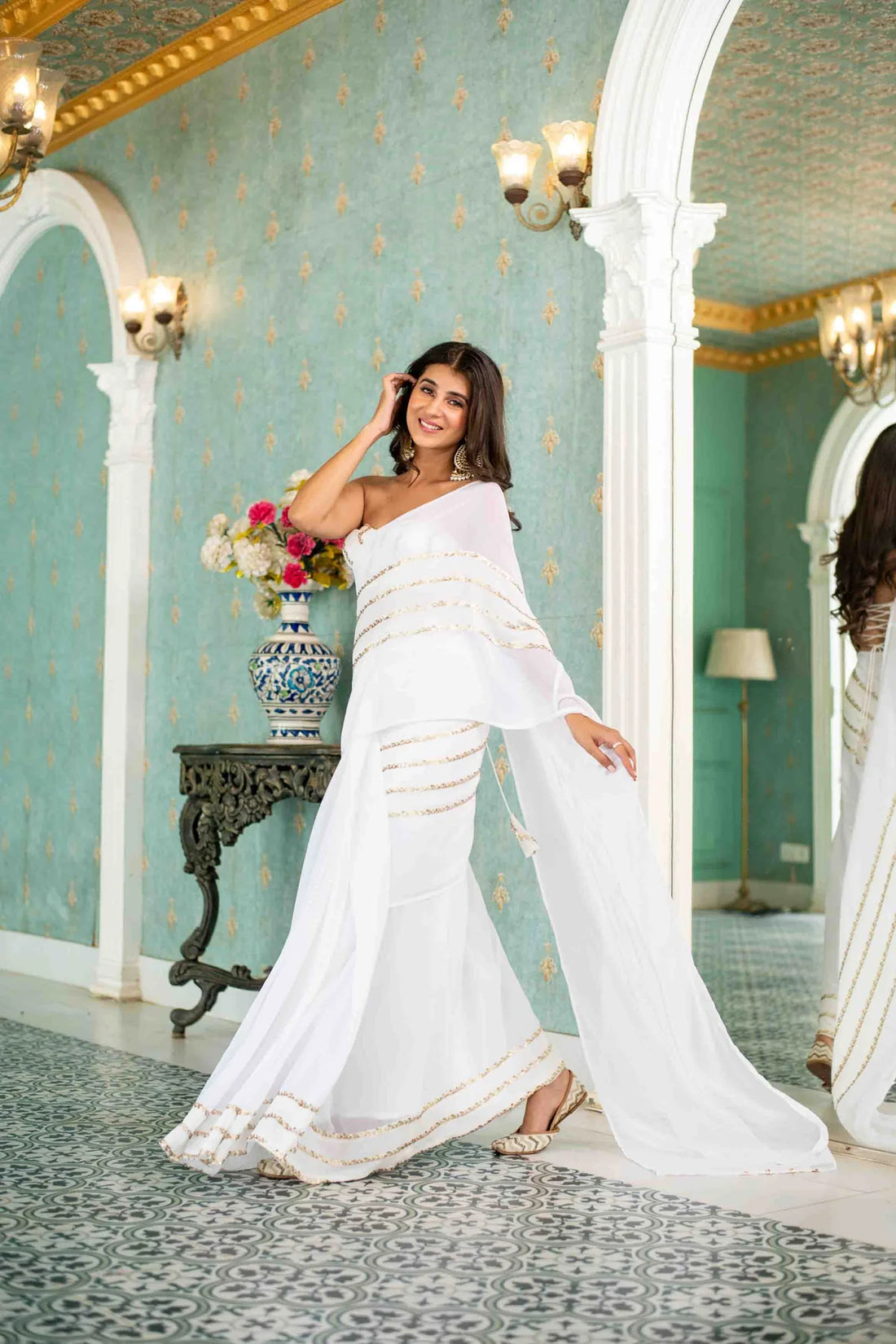 White Sequin Skirt Saree with blouse- By Reet Lifestyle