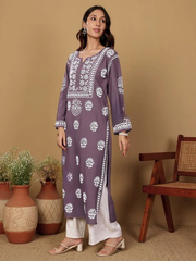 Rayon Long Chikankari Straight Kurti