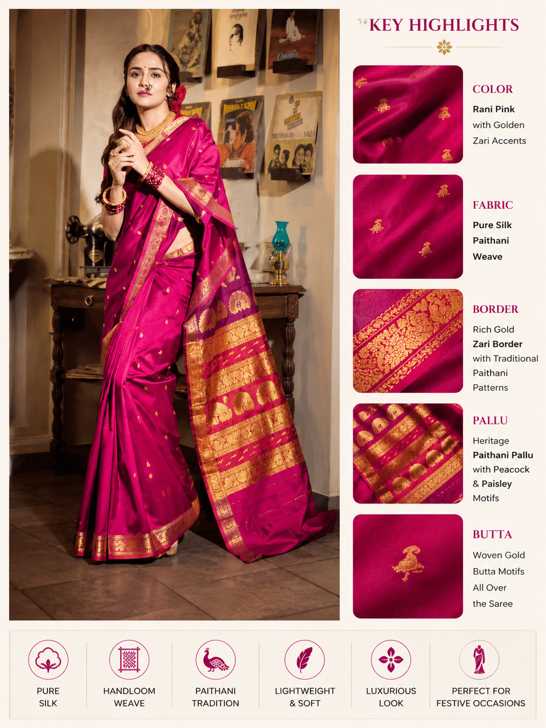 Pure Silk Jijamata Saree – Rani Pink with Gold Zari Border