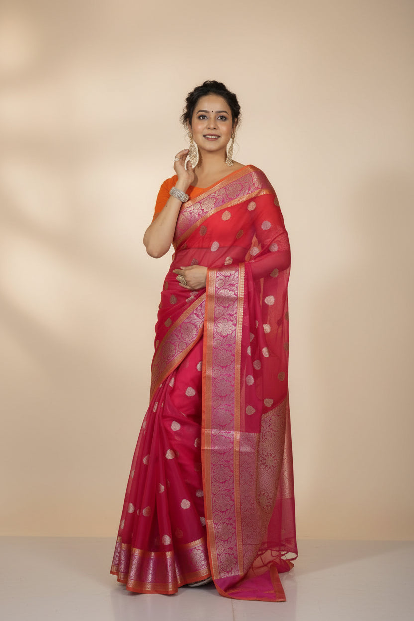 Banarasi Organza Saree with Gold Butti and Zari Border in Rani Pink