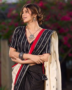Black Saree with Ikat & Jamdani Accents with Stiched Blouse