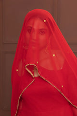 Chanderi Red Petal Neck Anarkali with Dupatta