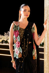 Black Crepe Saree with Blouse and Jacket Set