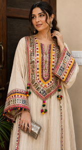 Noor-e-Gota Pure Mul Cotton Long Chogha Set with Mirror & Ghungroo Work Kaftan