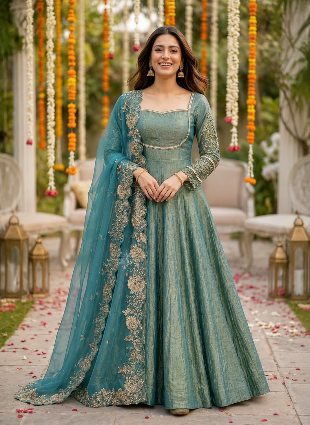 Sage Green Embroidered Anarkali Gown Set with Organza Dupatta