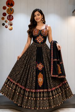 Ajrakh Tiranga Pure Camric Cotton Gamthi Work Lehenga