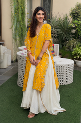 Sunshine Mustard Mirror Work Gaji Silk Cape with Ivory Sharara Set