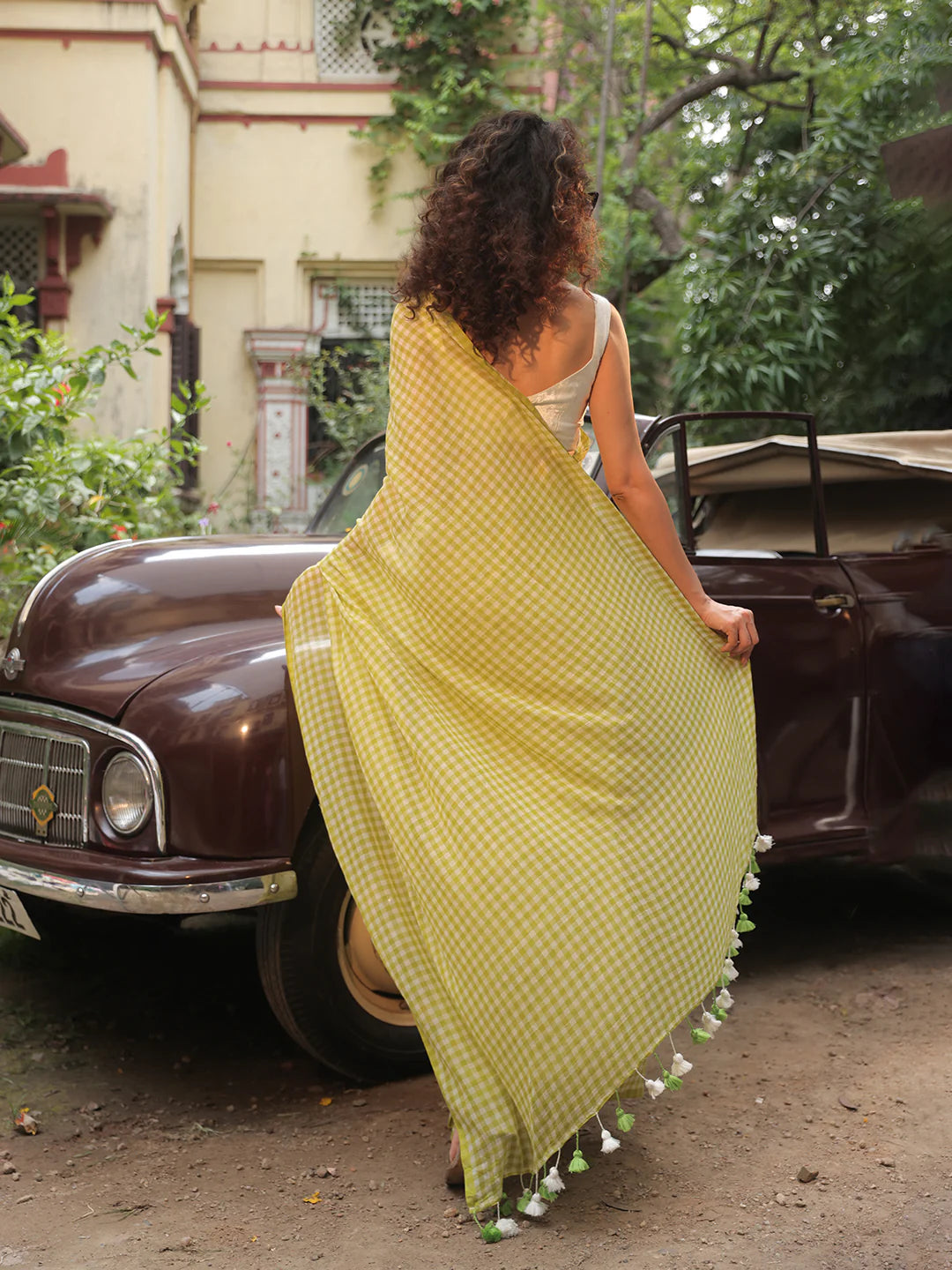 Sky Blue Gingham Mul Cotton Checks Saree