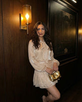 Champagne Glow Satin Tie-Neck Ruffle Mini Dress for Women