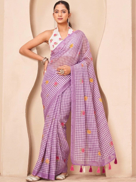 Silk Floral Checked Woven Design Border Saree