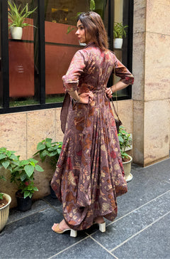 Mocha Bloom Fusion Drape Cotton Dress
