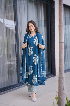 Ramya Blue Cotton Suit Set- By Reet Lifestyle