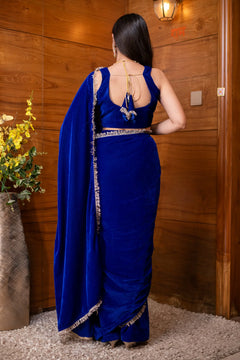 Velvet Electric Blue Ready-to-Wear Saree with blouse- By Reet Lifestyle