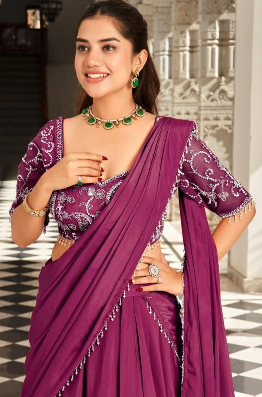 Orange Silk Crepe Pre-Draped Sequin Saree with blouse
