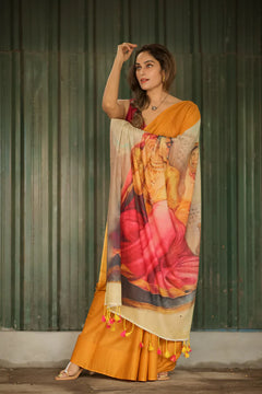 Rajsi Raaz Mustard Muse Mul Mul Printed Saree