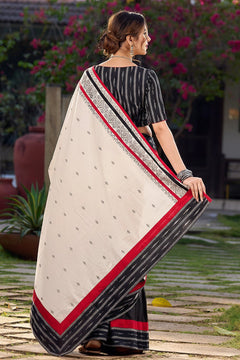 Black Saree with Ikat & Jamdani Accents with Stiched Blouse