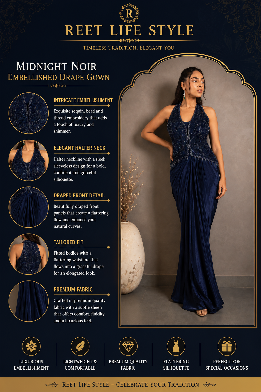 Midnight Noir Embellished Drape Gown