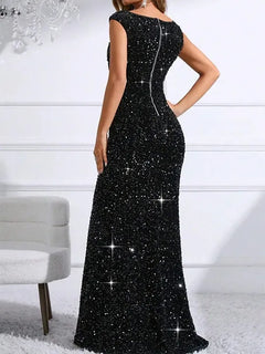 Burgundy Sequinned Floor-Length Cocktail Dress