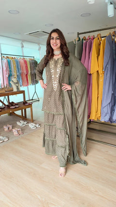 Ethnic Embroidered Maroon Long Yoke Sharara Set