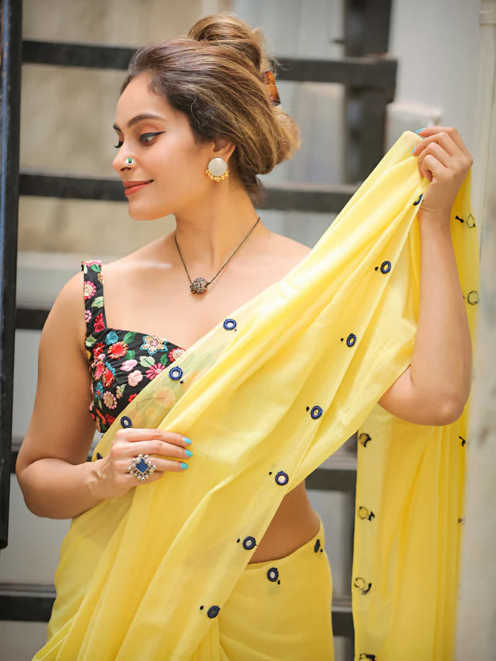 Lemon Glow Tassel Soft Mul Cotton Saree