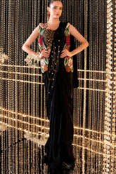 Black Crepe Saree with Blouse and Jacket Set