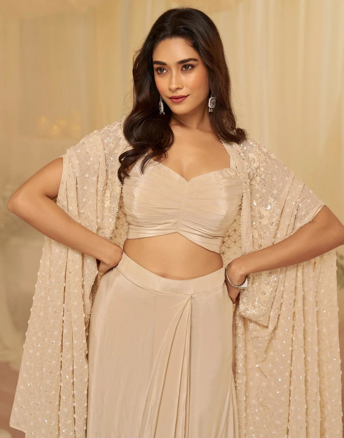 Ivory Embroidered Blouse, Palazzo & Jacket Set