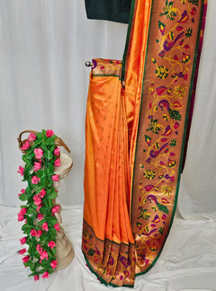 Surmayi Orange Soft Silk Paithani Saree with Lotus & Peacock Copper Zari Pallu